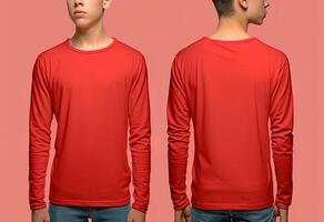 Man wearing a red T-shirt with long sleeves. Front and back view. ai generated photo