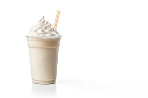 Vanilla milkshake in plastic takeaway cup isolated on white background with copy space. ai generated photo