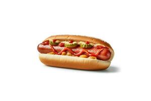 caliente perro con mostaza y salsa de tomate aislado en un blanco antecedentes. ai generado foto