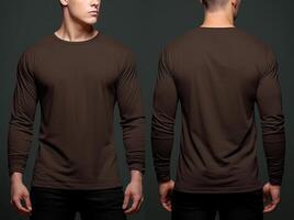 Man wearing a brown T-shirt with long sleeves. Front and back view. photo