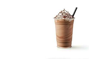 Chocolate milkshake in plastic takeaway cup isolated on white background with copy space. ai generated photo