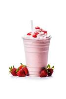 Strawberry milkshake in plastic takeaway cup isolated on white background with copy space. ai generated photo