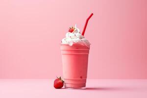 Strawberry milkshake in plastic takeaway cup isolated on pink background. ai generated photo