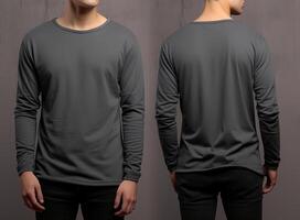 Man wearing a grey T-shirt with long sleeves. Front and back view. photo