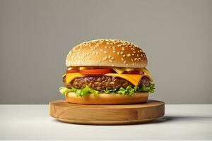 Fresh tasty cheeseburger on wooden board. ai generated photo