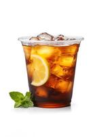 Iced lemon tea on plastic take-away glass isolated on white background. ai generated photo