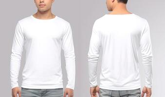 Man wearing a white T-shirt with long sleeves. Front and back view. photo