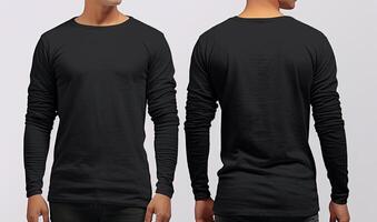 Man wearing a black T-shirt with long sleeves. Front and back view. ai generated photo