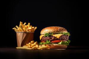 Fresco sabroso hamburguesa y francés papas fritas en oscuro antecedentes. ai generado foto