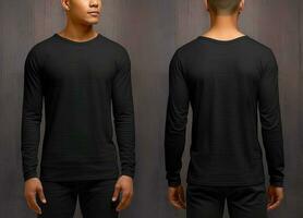 Man wearing a black T-shirt with long sleeves. Front and back view. ai generated photo