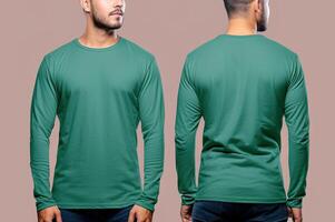 Man wearing a green T-shirt with long sleeves. Front and back view. photo