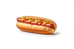 Hot dog with mustard and ketchup isolated on a white background. photo