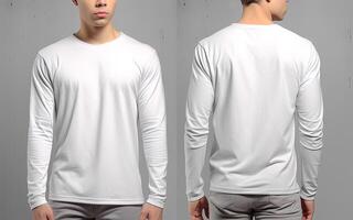 Man wearing a white T-shirt with long sleeves. Front and back view. ai generated photo