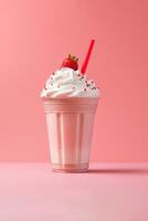 Strawberry milkshake in plastic takeaway cup isolated on pink background. ai generated photo