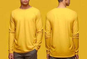 Man wearing a yellow T-shirt with long sleeves. Front and back view. photo