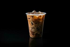 Iced coffee in plastic take-away glass isolated on dark background. ai generated photo