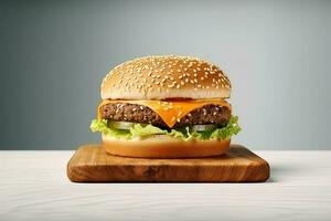 Fresh tasty cheeseburger on wooden board. ai generated photo