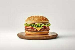 Fresh tasty cheeseburger on wooden board. ai generated photo