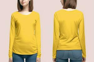 mujer vistiendo un amarillo camiseta con largo mangas frente y espalda vista. ai generado foto
