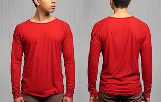 Man wearing a red T-shirt with long sleeves. Front and back view. photo