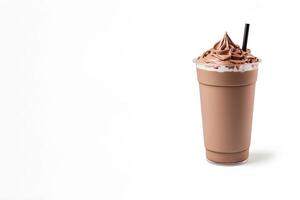 Chocolate milkshake in plastic takeaway cup isolated on white background with copy space. ai generated photo