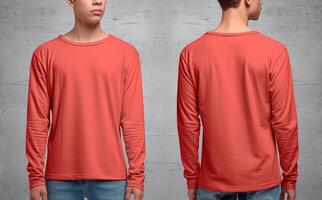 Man wearing a red T-shirt with long sleeves. Front and back view. photo
