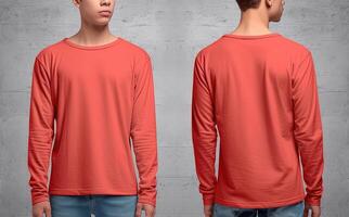 Man wearing a red T-shirt with long sleeves. Front and back view. ai generated photo