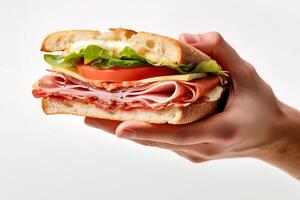 Hand holding tasty sandwich on a white background. ai generated photo