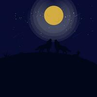 vector illustration of two wolves at night