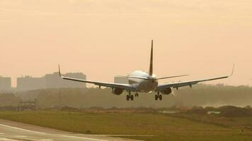 posteriore Visualizza di passeggeri largo corpo aereo atterraggio nel presto mattina. commerciale aereo arriva nel il aeroporto a Alba con luce del sole retroilluminato video