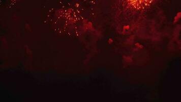 viele rot und Gold Feuerwerk im das Nacht Himmel. das Feuerwerk Explosionen ähneln Blumen video