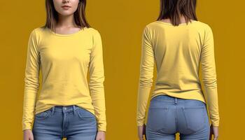 Woman wearing a yellow T-shirt with long sleeves. Front and back view. ai generated photo