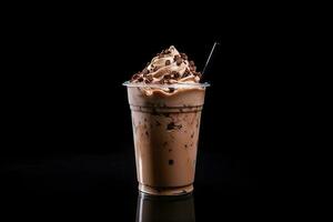 Chocolate milkshake in plastic takeaway cup isolated on black background. ai generated photo