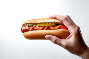 Hand holding tasty hot dog on a white background. ai generated photo