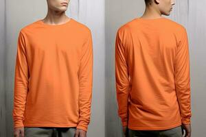 hombre vistiendo un naranja camiseta con largo mangas frente y espalda vista. ai generado foto