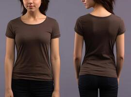 Photo realistic female brown t-shirts with copy space, front, and back view. ai generated