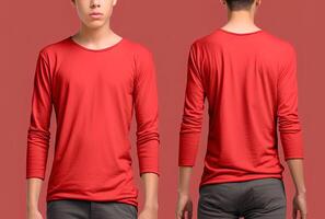 Man wearing a red T-shirt with long sleeves. Front and back view. photo