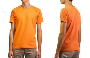 Photo realistic male orange t-shirts with copy space, front, and back view. ai generated