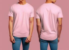 Photo realistic male pink t-shirts with copy space, front, and back view. ai generated