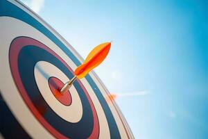 red darts arrows in the target center on blue sky background. Business target and success concept. ai generated photo