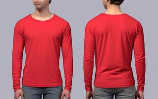 Man wearing a red T-shirt with long sleeves. Front and back view. photo