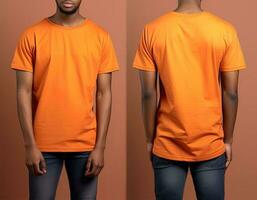 Photo realistic male orange t-shirts with copy space, front, and back view. ai generated