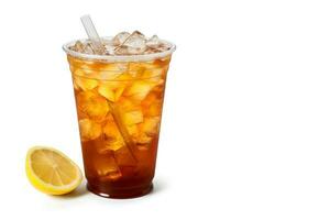 Iced lemon tea on plastic take-away glass isolated on white background with copy space. ai generated photo