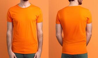 foto realista masculino naranja camisetas con Copiar espacio, frente, y espalda vista. ai generado