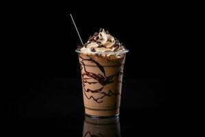 Chocolate milkshake in plastic takeaway cup isolated on black background. ai generated photo