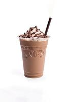 Chocolate milkshake in plastic takeaway cup isolated on white background. ai generated photo