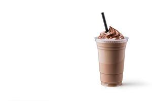 Chocolate milkshake in plastic takeaway cup isolated on white background with copy space. ai generated photo