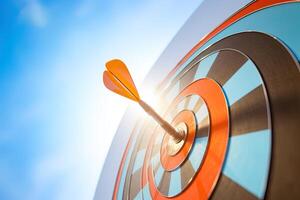 red darts arrows in the target center on blue sky background. Business target and success concept. ai generated photo