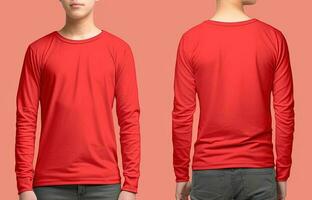 Man wearing a red T-shirt with long sleeves. Front and back view. ai generated photo