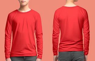 Man wearing a red T-shirt with long sleeves. Front and back view. photo